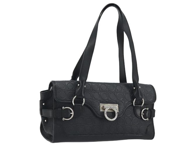 Salvatore Ferragamo Gancini Shoulder Bag Leather Black Silver