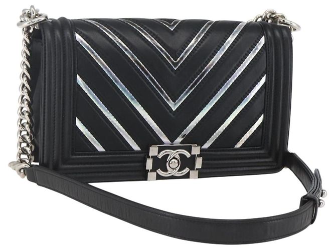 CHANEL Chain Boy Chanel V Stitch Bag Leather Black Silver CC