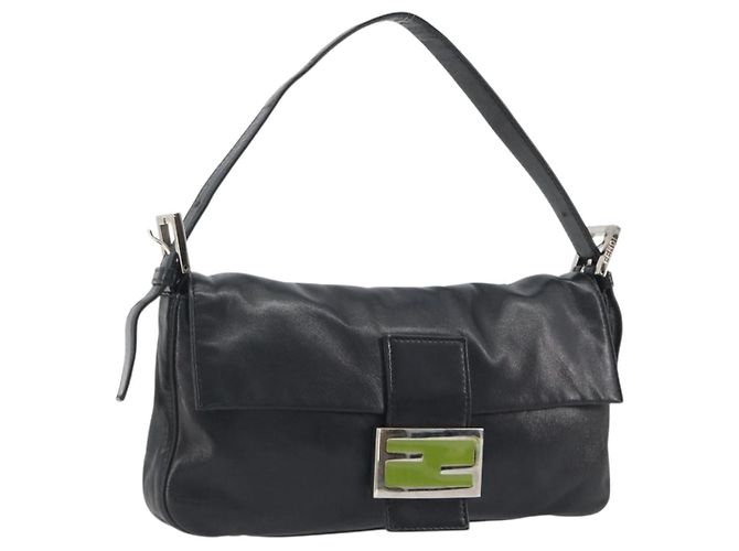 FENDI Mamma Baguette Shoulder Bag Leather Black Silver