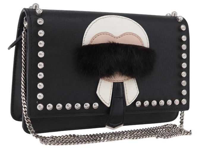 FENDI Karito Chain Shoulder Wallet Leather Black Silver 8M0346