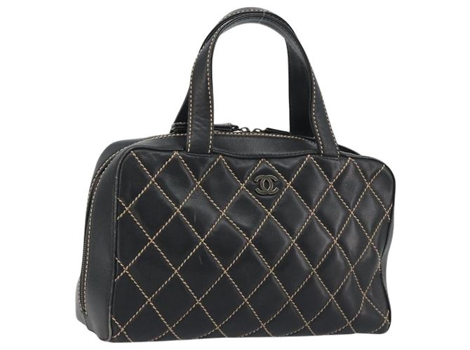 CHANEL Wild Stitch Hand Bag Leather Black CC