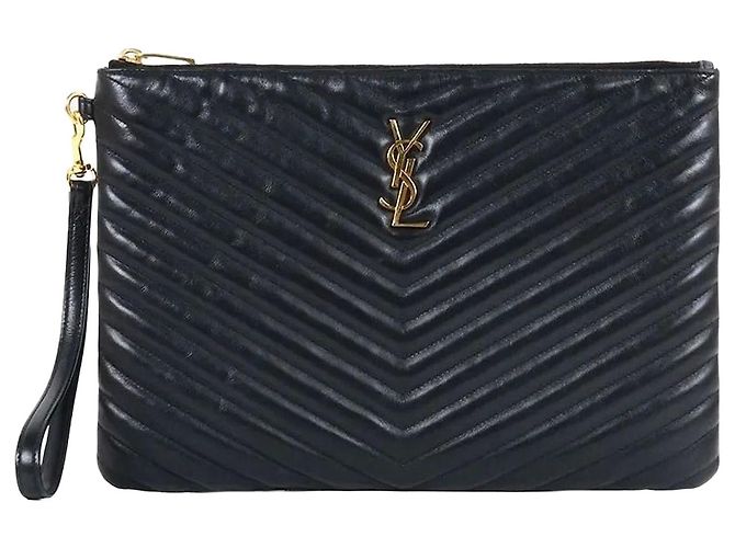 Saint Laurent Clutch Matelassé New Medium Black com ferragens douradas Preto