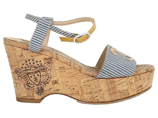 Chanel Coco Stripe Cork Wedge Sandals Heel Multiple colors