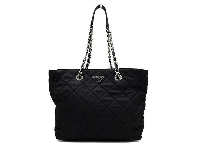 Prada Schwarze gesteppte Nylon-Shopper-Schultertasche mit Kette