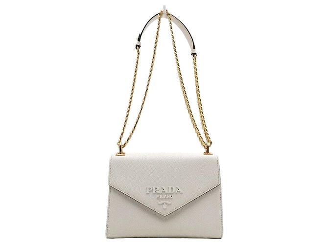 Prada Sac à bandoulière et crossbody Monochrome en Saffiano blanc avec chaîne