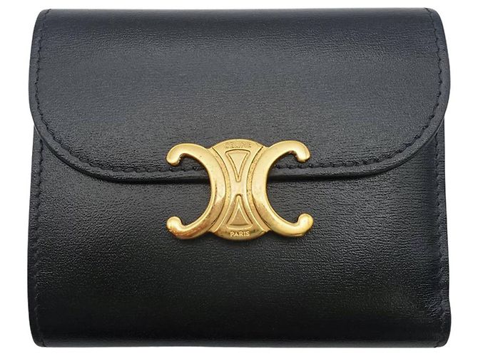 Triomphe Céline Cartera bi-fold para mujer Celine en piel negra Negro