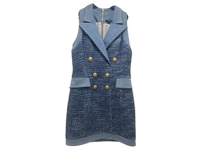 Vestido de denim y tweed Balmain Azul