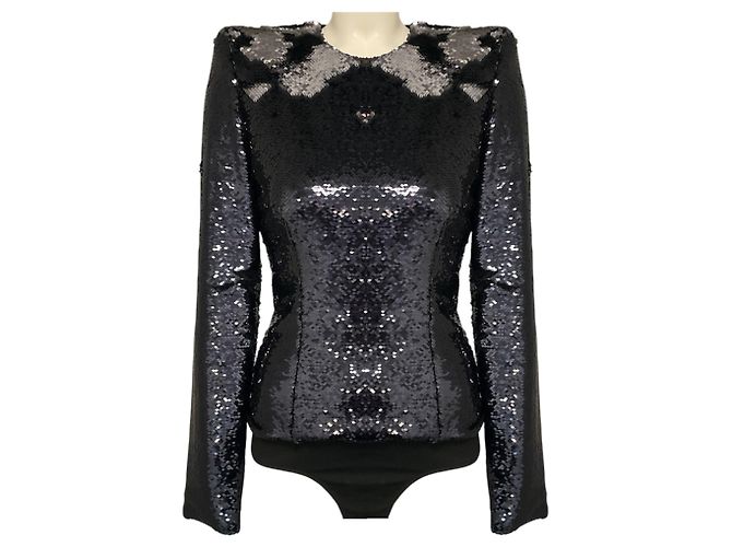 Alexandre Vauthier Navy Blue Sequined Long Sleeved Bodysuit