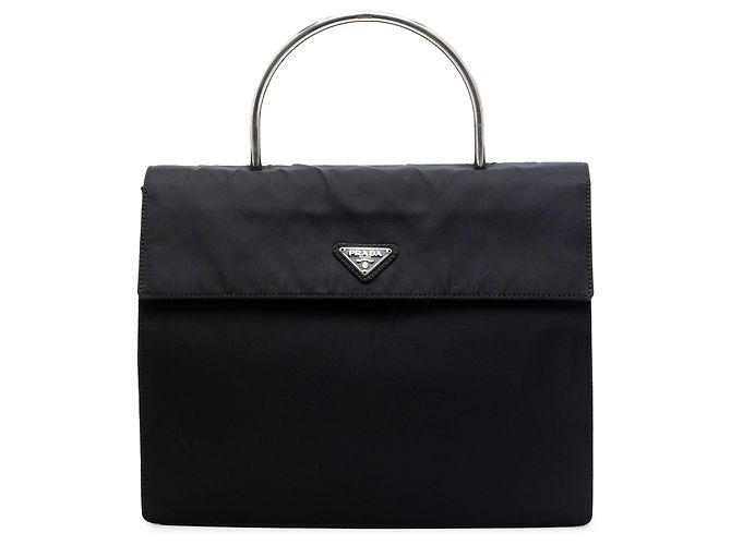 Borsa a mano Prada Tessuto nera con manico in metallo Nero