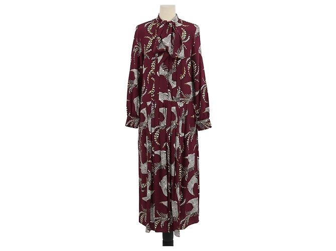 Vestido maxi Zolfo Weekend Max Mara de seda borgoña con estampado de pájaros Burdeos