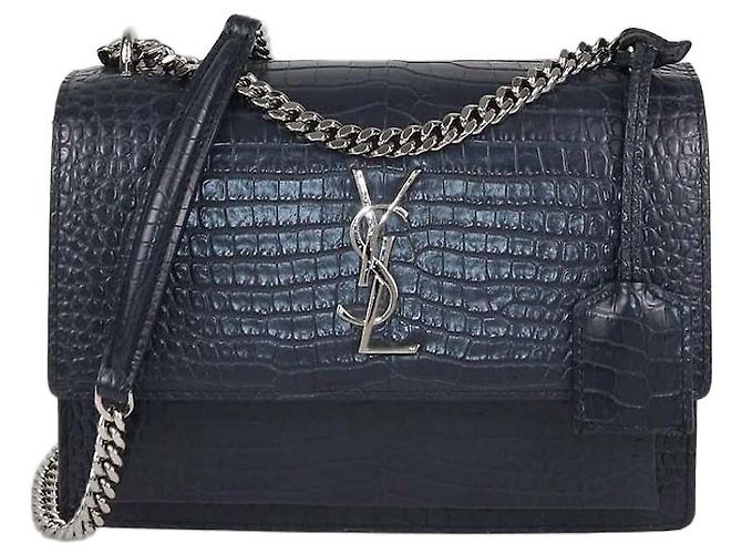 Bolsa de Ombro Sunset Medium em Couro com Relevo de Crocodilo Cinza Escuro Saint Laurent Azul marinho