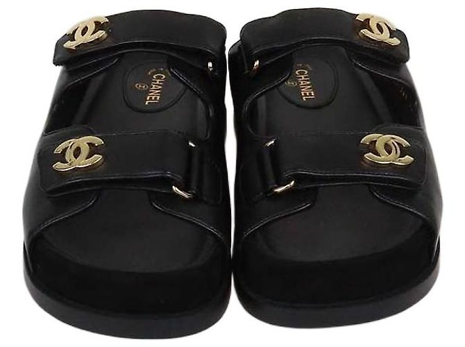 Chanel Black Leather CC Strap Flat Sandals