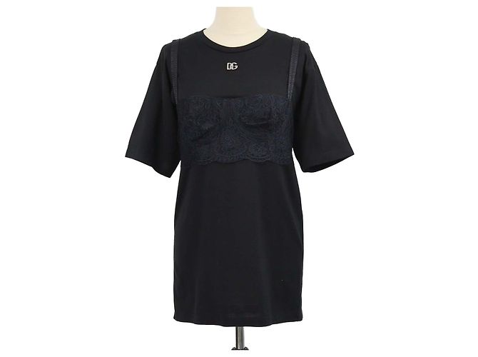 Bralette Dolce & Gabbana in misto cotone nero con pizzo e T-shirt girocollo