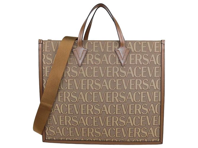 Tote Versace em lona e couro marrom com estampa allover