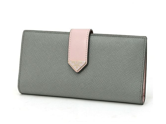 Prada Saffiano Triangle Leather Long Wallet Brown Pink