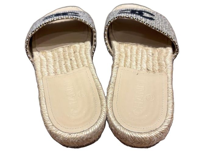 Chanel CC Espadrille Slides Black Beige Golden