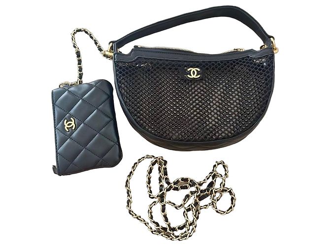 Chanel Handtasche aus gestepptem Leder und Mesh mit passendem Beutel Schwarz