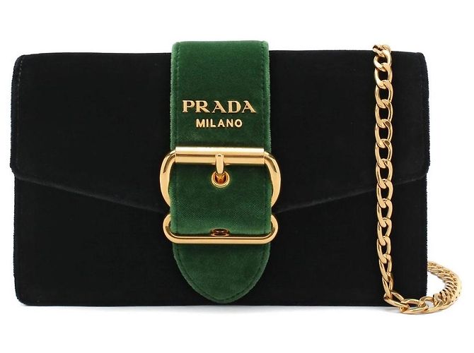 Prada Cahier Samttschultertasche mit Kette Schwarz Grün