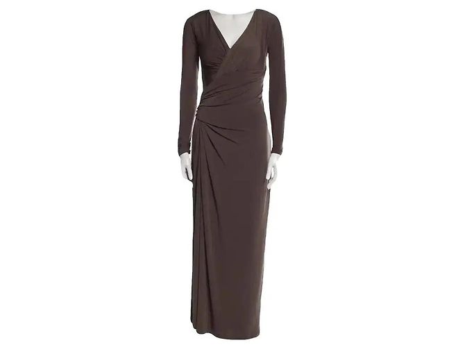 Vera Wang Vestido Maxi Drapeado de Manga Comprida Castanho Marrom Taupe