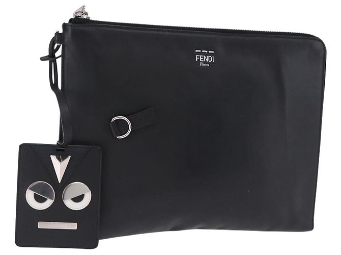 FENDI Clutch Bag Leather Black Silver 7M0225