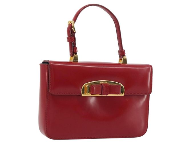 PRADA Hand Bag Leather Red Gold