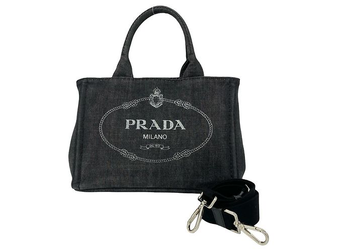 Prada Canapa Triangle Logo Hardware Cotton Denim Handbag Black