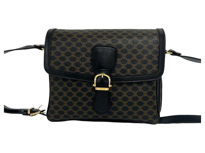 Triomphe Céline Bolsa de ombro em couro Celine Macadam Blazon Pattern Marrom Preto
