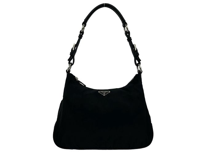Bolsa Prada em nylon Tessuto e couro com logo triângulo em metal Preto