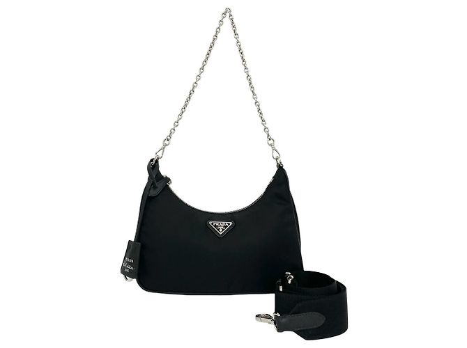 Saffiano Prada Triangle Logo Hardware Tessuto Pocono Nylon Shoulder Bag Black