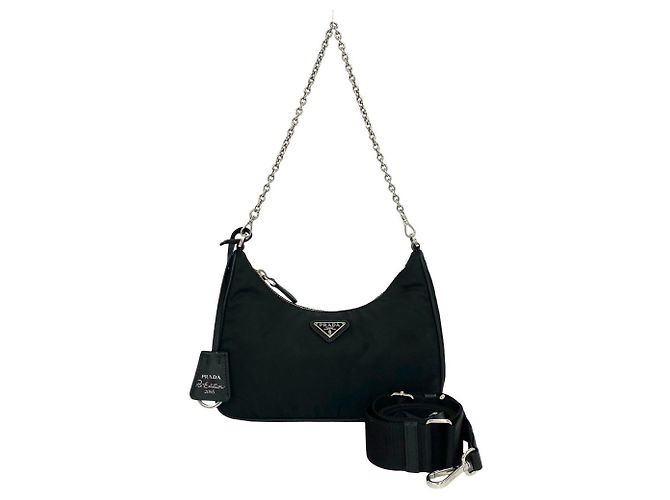 Prada Triangle Logo Hardware Tessuto Pocono Shoulder Bag Black