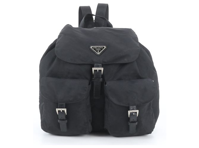 Prada Tessuto Nylon Triangle Logo Leather Backpack Black