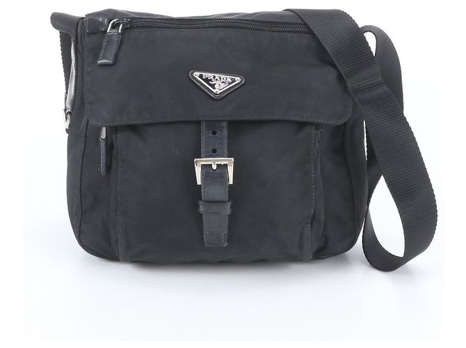 Prada Tessuto Nylon Triangle Logo Leather Messenger Bag Black