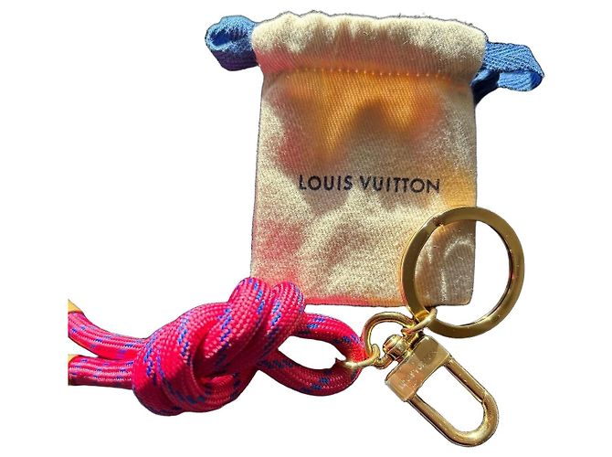 Chaveiro Louis Vuitton com cordão de corda Rosa Azul Gold hardware