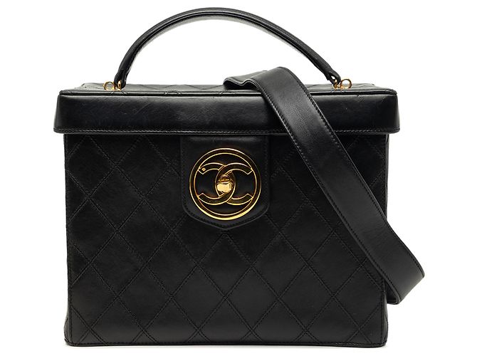 Chanel Vanity Case aus schwarzem gestepptem Lammleder mit CC-Tragegriff