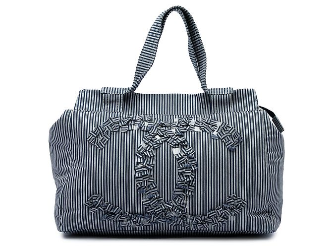 Borsa Shopper Tote Chanel Blue CC Striped Canvas