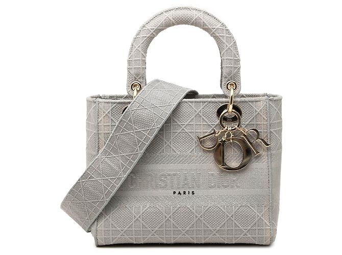 Dior Gray Medium Embroidered Canvas Cannage Lady D Lite Marrom Cinza