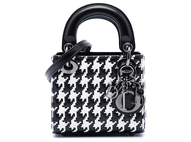 Dior Black Micro Calfskin Houndstooth Embossed Macro Lady Dior Noir
