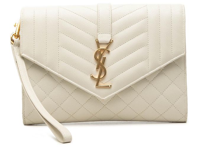 Saint Laurent White Grain De Poudre Triquilt Monogram Envelope Clutch Weiß