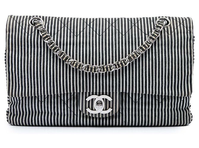 Chanel Black Medium Classic Canvas Stripes Double Flap Nero