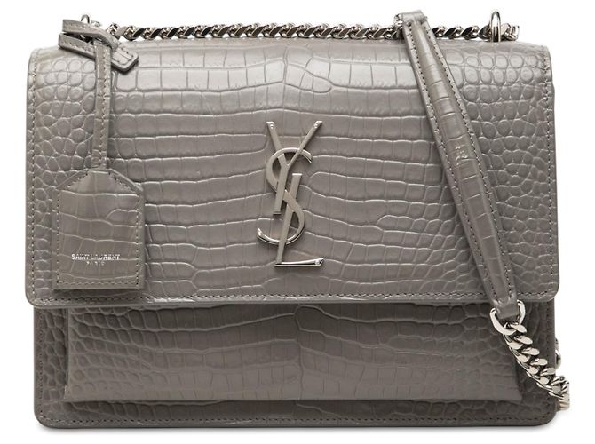 Saint Laurent Gray Medium Croc Embossed Leather Monogram Sunset Crossbody Marrom