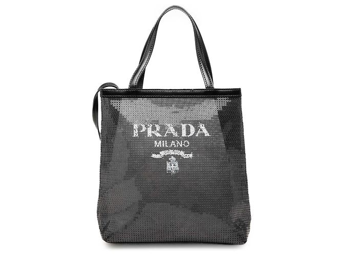 Prada Black Small Sequined Mesh Logo Open Tote
