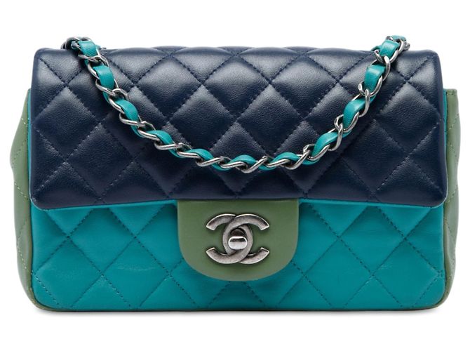Chanel Blue Mini Rectangular Classic Tricolor Lambskin Single Flap Bleu