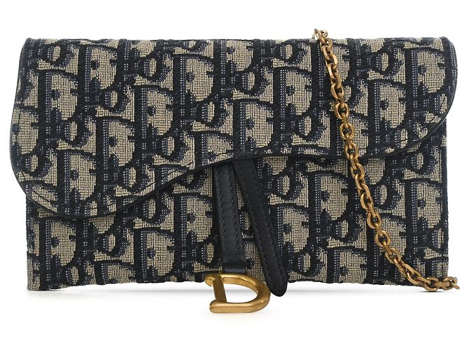 Dior Blue Oblique Canvas Saddle Wallet On Chain Blau Marineblau