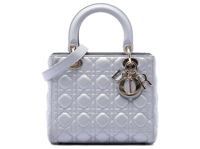 Dior Gray Medium Pearlescent Lambskin Cannage Lady Dior Marron