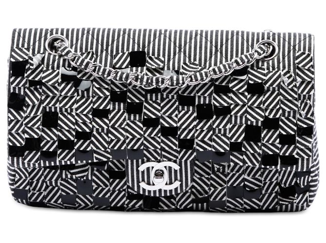 Chanel Black Medium Classic Canvas Sequin Stripes Double Flap Negro