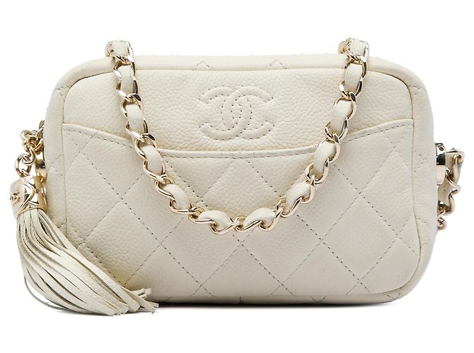 Chanel White Mini Quilted Caviar Coco Tassel Camera Case Weiß Roh