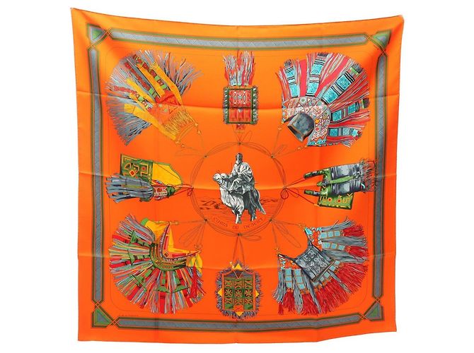 Hermès Lenço Hermes Carre 90 CUIRS DU DESERT Multicor Laranja