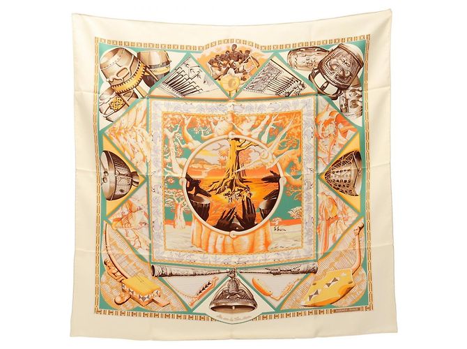 Hermès Pañuelo Hermes Carre 90 Au son du Tan-tan Multicolor Naranja Crudo