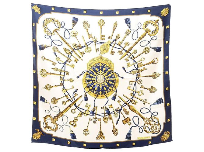 Hermès Pañuelo de seda Hermes Carre 90 Les Cles Blanco Amarillo Azul marino