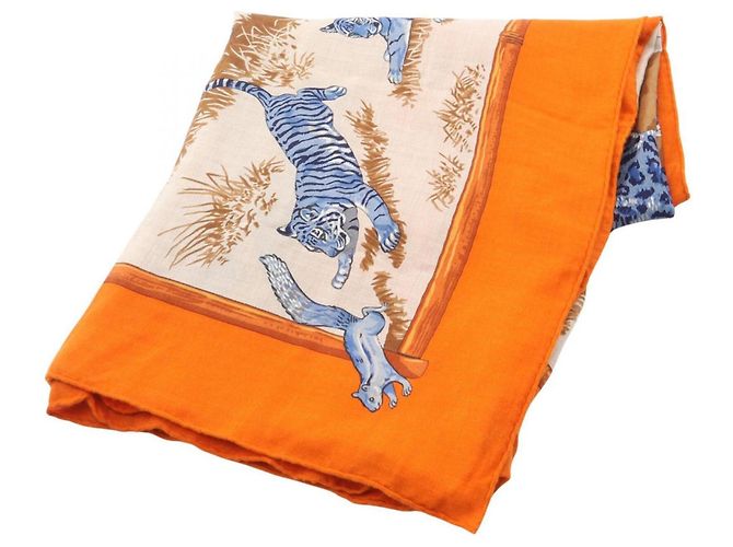Hermès Pañuelo Hermes Carre Geant 140 TENDRESSE FELINE Multicolor Beige Naranja